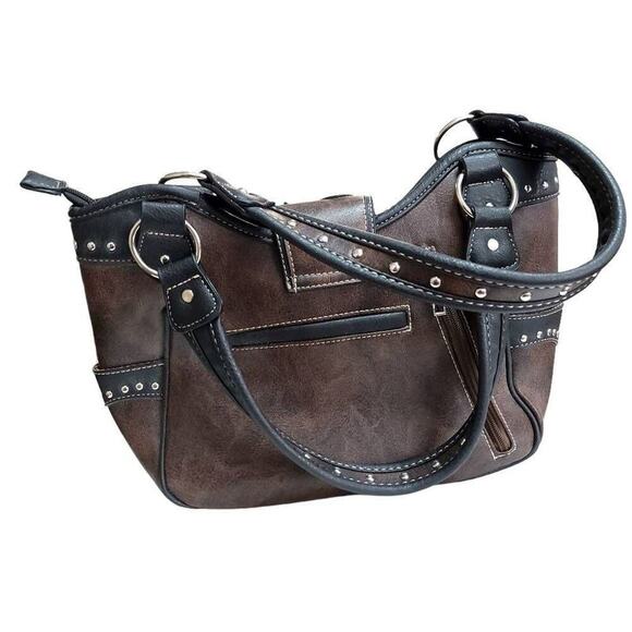 Western Handbag Purse Tote Floral Buckle Bold Silver Blue Turquoise Shoulder Bag - Picture 5 of 11